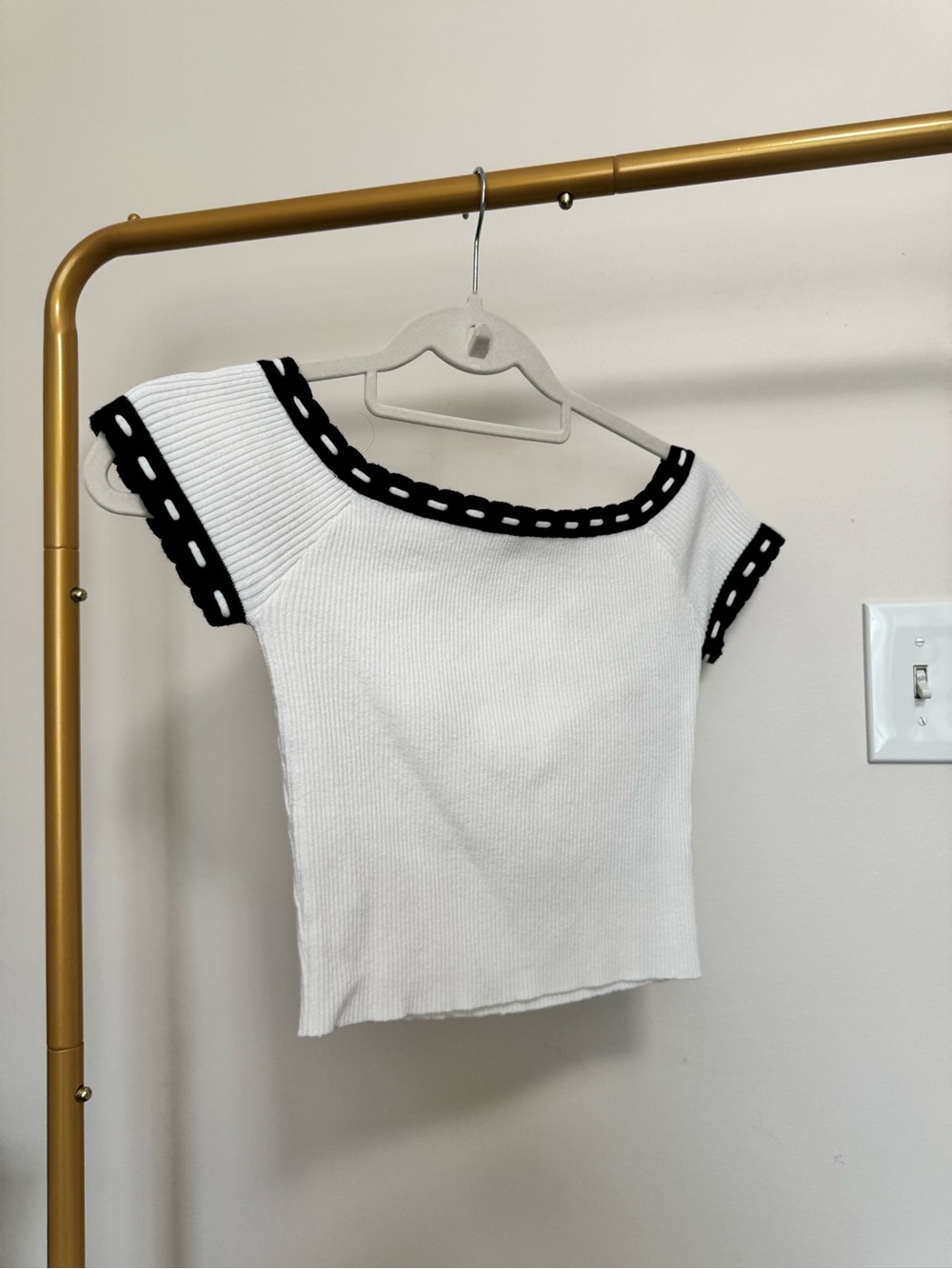 Altard State White Crop Boatneck Top with Black Trim Fits Small